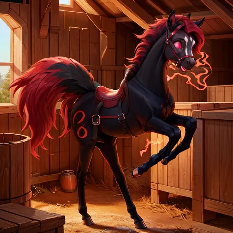 shocked slim feral mare with black fur with long crimson mane and tail and Pink eyes 
With a black saddle on her back there are some Red traces of magic floating around her she is in a stable