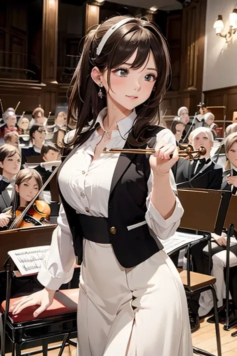 (8K), (best quality), (muste piece: 1.2)　A cute female maestro conducting in front of the orchestra