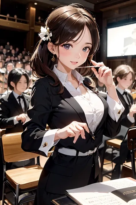 (8K), (best quality), (muste piece: 1.2)　A cute female maestro conducting in front of the orchestra