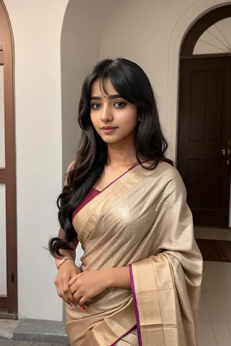 sanjana saba with big   ,perfect, bang hair hairstyle  , with an inocent look on her face, in elegant traditional sari 