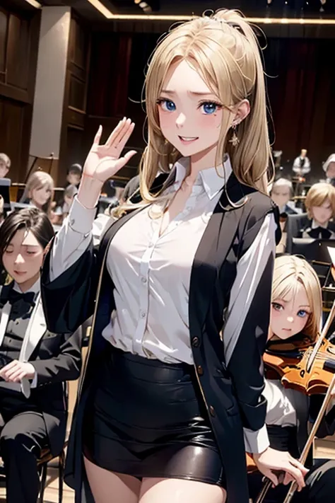 (8K), (best quality), (muste piece: 1.2)　Cute female maestro waving his baton in front of the orchestra　sweat on forehead　screaming　painful expression　blonde blue eyes