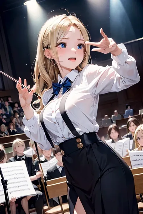 (8K), (best quality), (muste piece: 1.2)　Cute female maestro waving his baton in front of the orchestra　sweat on forehead　screaming　painful expression　blonde blue eyes