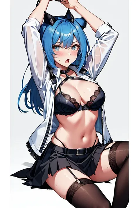 blue hair,big breasts,Police Uniform,torn skirt,open shirt,bra,garter belt, black stockings,hoist one&#39;s arms up with a chain,standing position,raise your legs,A painful look,blush,open your mouth wide,Drool,tongue,sweaty,