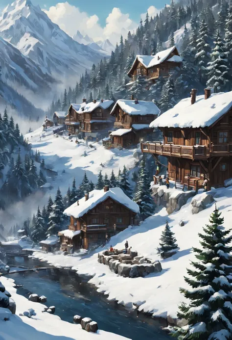 { "Type of Image": "Digital Illustration", "Subject Description": "A snowy mountain resort during the winter season, with cozy log cabins surrounded by snow-covered pine trees. Guests are seen enjoying the outdoor hot springs with steam rising into the cri...