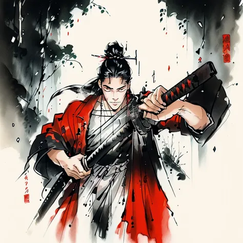 man, young, katana, black hair, long hair, muscular, cool, handsome, revenge, red eye, little scar, martial arts