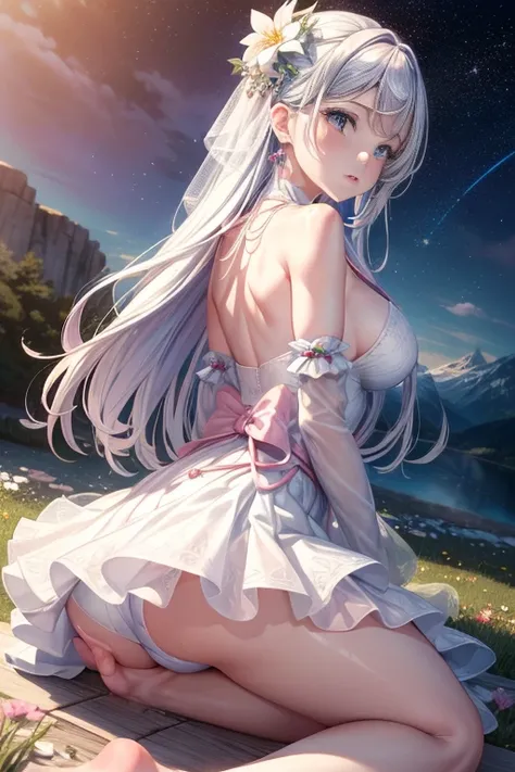 Colorful starrailloating white feathers),Purple,(((((masterpiece))))),(((((high resolution))))),alone,(hair splayed out),((flowing hair)),pink hair,blue_Eye,permanent,Big breasts,((美丽细致的short skirt, flower patterns on clothes,White dress)),bridal gloves,ri...