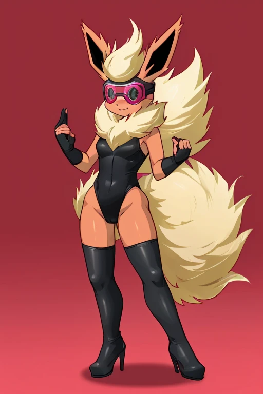 ((Flareon)), anthropomorphic, big , big ass, pokemorph, (((1girl))), (((pink and black leotard))), (black thigh high heeled boots), (black opera gloves), (pink fingerless gloves), (pink visor), cute and sexy, slender, red skin, long legs, smiling, heroic