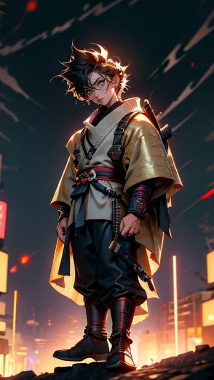 The young Samurai has messy hair, wears a gray sweater that says "HEROES", dark brown leather pants with lots of pockets. Adventurers shoes, carrying a samurai on his back, hands crossed on his chest, there is a flash of lightning, alert pose, face facing ...