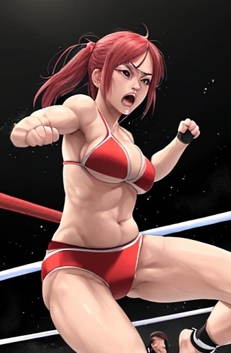 martial artist, enduring a barrage of punches from her opponent in a match.bikini