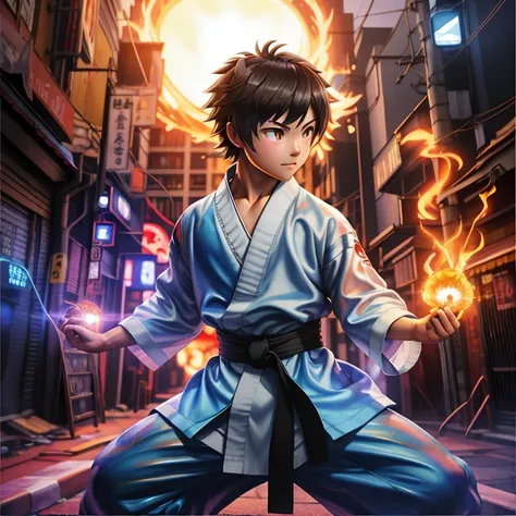 painting of a boy in karate gear holding a fireball, makoto oil painting, inspirado em Chen Jiru, detailed bushido form smoke, inspirado em Liao Chi-chun, pose de arte marcial, pintura digtial, pintura digital de alta qualidade, estilo de pintura digital, ...