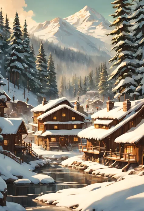 { "Type of Image": "Digital Illustration", "Subject Description": "A snowy mountain resort during the winter season, with cozy log cabins surrounded by snow-covered pine trees. Guests are seen enjoying the outdoor hot springs with steam rising into the cri...