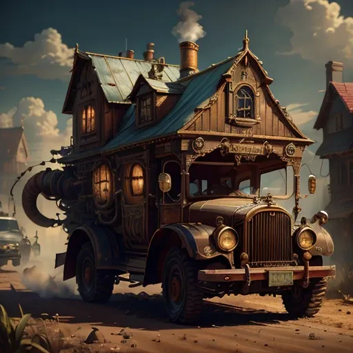 best quality，master piece，ultra high resolution，（Realistic：1.4），absurd,surface focus,（island_amberheard：0.8），mechanical car house,the house is attached to the car,huge,truck,1 best long shot photo of manners，Fantasy Sci-Fi Vehicles，超Realistic，steampunk，Com...