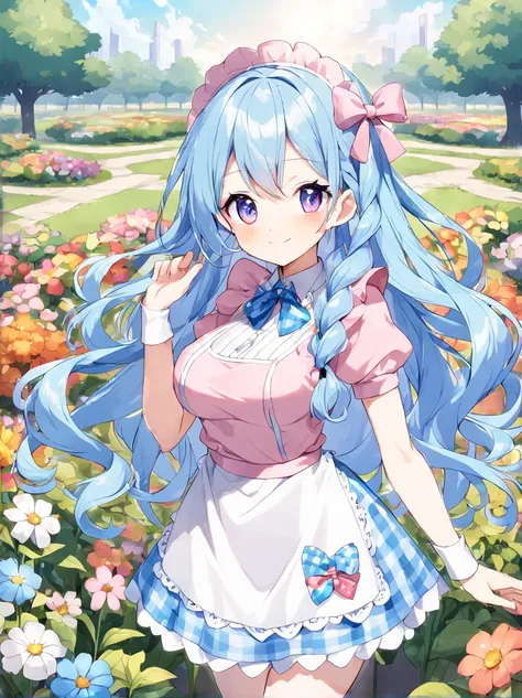 1 girl,
teenager,
long hair,
side braid,
pastel hair,blue hair,
silky hair,
wavy hair,
glossy,
pleased,
smaller face,
short,slender,glamorous,
busty,
standing,
maid costume,
blouse,checkered mini skirt,
loafers,
checked gingham,
hair ribbon,
outside,
flowe...