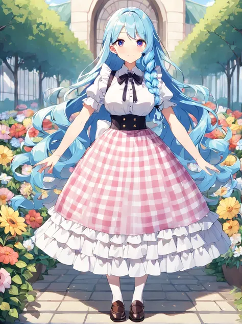 1 girl,
teenager,
long hair,
side braid,
pastel hair,blue hair,
silky hair,
wavy hair,
glossy,
pleased,
smaller face,
short,slender,glamorous,
busty,
standing,
maid costume,
blouse,checkered mini skirt,
loafers,
checked gingham,
hair ribbon,
outside,
flowe...