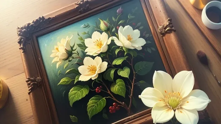 ((best quality)), ((masterpiece)), (detailed), best quality, masterpiece, Light green oil painting background，Two flowers,detailed细节，（paper rose），hyperrealistic details，white blossoms，Oil painting texture，8K ultra-clear