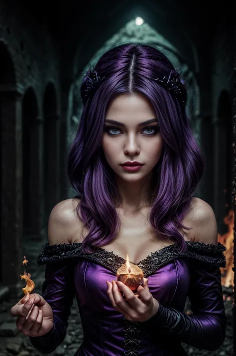 A_v1-1 with ((medium shoulder length straight purple hair))and ((bright eyes)) with an ((athletic and very attractive body)), magical Enchantress woman in a dungeon wearing purple dress, a woman in a purple dress holding a fire ball, beautiful sorceress, a...