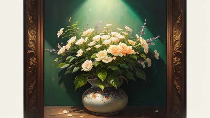 ((best quality)), ((masterpiece)), (detailed), best quality, masterpiece, 浅绿色Oil painting texture背景，light green walls，Two flowers,detailed细节，（paper rose），hyperrealistic details，white blossoms，Oil painting texture，8K ultra-clear