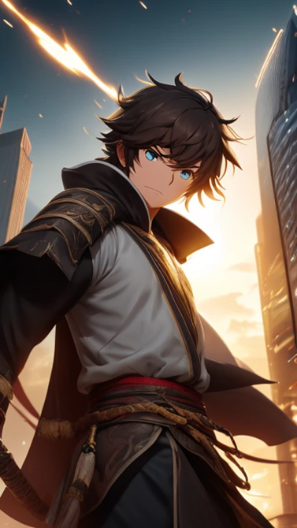 The young Samurai has messy hair, wears a gray sweater that says "HEROES", dark brown leather pants with lots of pockets. Adventurers shoes, carrying a samurai on his back, hands crossed on his chest, there is a flash of lightning, alert pose, face facing ...