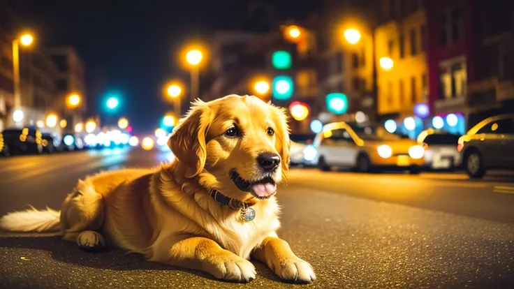 There is a dog on street corner at night, Medium and long range portrait shooting, golden retriever, big golden eyes, beautiful dog head, sad, Dog portrait, Cute puppy filled with golden layers, night, starry sky, street，8K ultra-clear