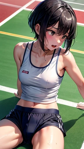 Japanese junior high school student, Japanese gym uniform, beautiful girl, black hair, regretful expression, track and field, crawling on all fours, sweating all over the body, clothes are wet, clothes are transparent, track and field track, hair is also w...