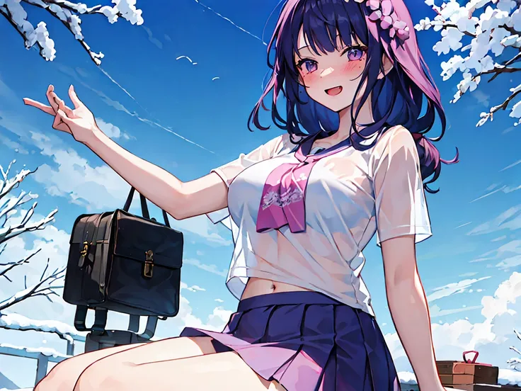 beautiful，official art，Excellent texture，8K，masterpiece，best quality，完美的detail，1 female high school student，cute，Smile，shy，Pampering，blush，Open your mouth wide，detail，Transparent super short pink T-shirt，see-through miniskirt，Lift your blouse with both han...