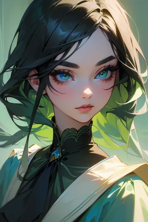 (highest quality, masterpiece:1.2), High resolution, Super detailed, realistic:1.37, fantasy, An illustration, green eyes、Blue and white dress、Platinum decoration、beautifully、Eyeshadow Red、dark eyebrows、long eyelashes、Pupils are black、Hair is light green