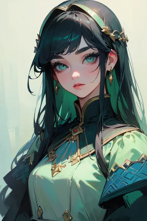 (highest quality, masterpiece:1.2), High resolution, Super detailed, realistic:1.37, fantasy, An illustration, green eyes、Blue and white dress、Platinum decoration、beautifully、Eyeshadow Red、dark eyebrows、long eyelashes、Pupils are black、Hair is light green