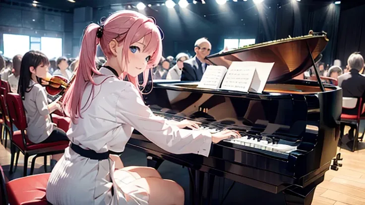 (8K), (best quality), (muste piece: 1.2)　a lot of spectators、orchestra、Cute female pianist playing the piano in the concert hall　pink hair、ecstatic expression