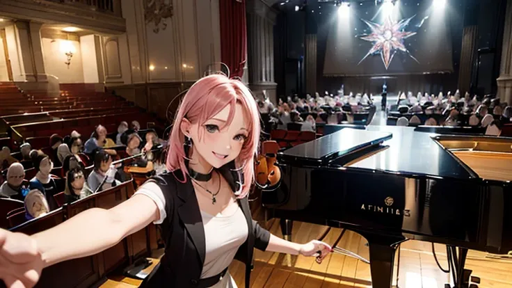 (8K), (best quality), (muste piece: 1.2)　a lot of spectators、orchestra、Cute female pianist playing the piano in the concert hall　pink hair、ecstatic expression