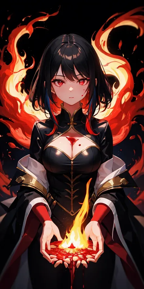 1 girl, black hair, red eyes, Fire Witch, Blood, light particles, light, wallpaper, high contrast, rich and colorful,背景巨大Bloodred eyes