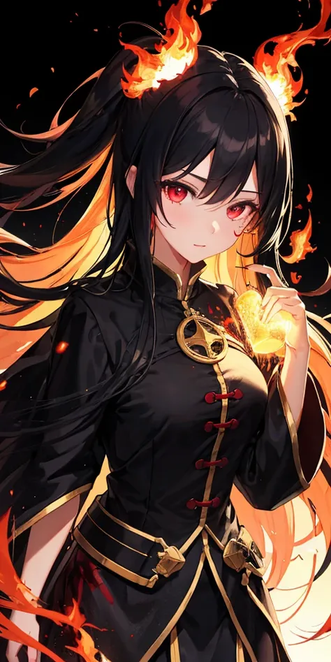 1 girl, black hair, red eyes, Fire Witch, Blood, light particles, light, wallpaper, high contrast, rich and colorful,背景巨大Bloodred eyes