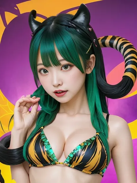 full body shot、live-action、urusei yatsura、rum、Plump body shape、Emerald green hair、long-haired、頭に短いtiger pattern horn、yellow and black tiger pattern,bikini、胸のbikiniは破れている、破れたbikini,Tiger print long boots,tiger pattern horn、in the clouds、in the cloudsでfull b...