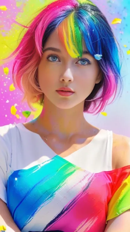 （Pink Fashion T-shirt：1.9），(Colorful hair: 1.8), (all the colours of the rainbow: 1.8),(((((vertical painting：1.6))), （painting：1.6），front, comics, illustrations, paintings, large eyes, crystal clear eyes,（ rainbow color gradient high ponytail：1.7）, exquis...