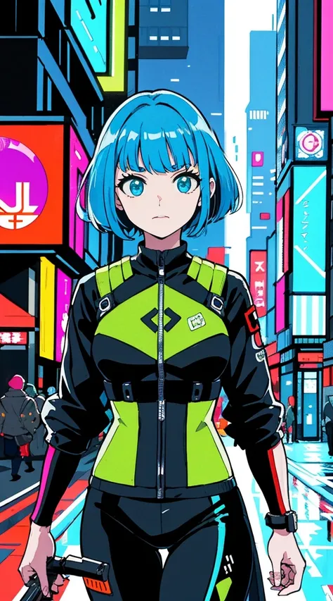 obra de arte, melhor qualidade, 1 garota ciberpunk, Tiro de corpo inteiro, Fique na frente da motocicleta, ver o visualizador, Confident cyberpunk girl with funky expression, Trajes populares no estilo Harajuku, bold colors and patterns, attractive accesso...