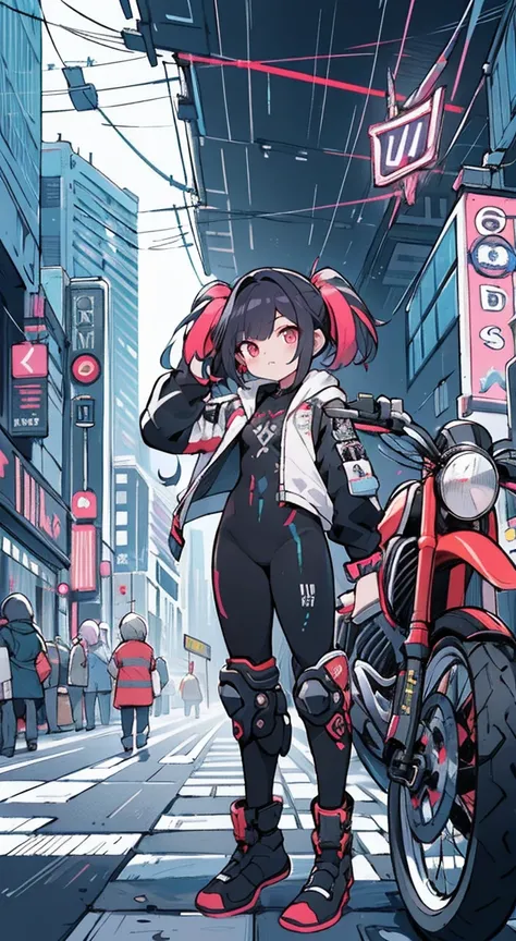 mesa, melhor qualidade, Garota cyberpunk confiante, Tiro de corpo inteiro, ((Fique na frente da motocicleta)), Trajes pop inspirados em Harajuku, bold colors and patterns, attractive accessories, Penteados modernos e inovadores, Maquiagem brilhante, Paisag...