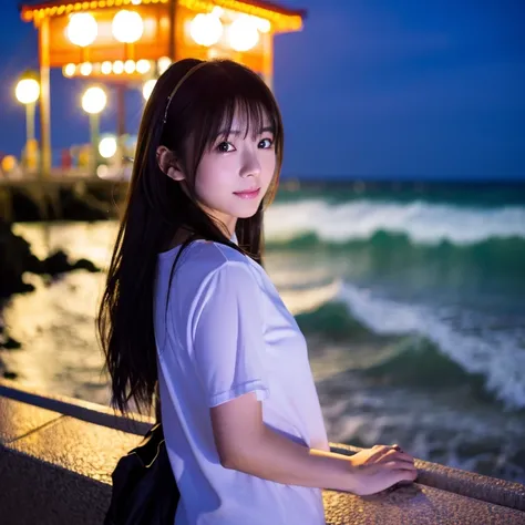 Standing by the seaside at night、Japanese beautiful girl