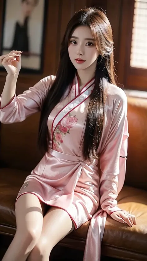 masterpiece，best picture quality，Mature，JK，Colored eyelashes，Long hair with a shawl，yandere，long pink hair，Realistic portrait，Light leakage effect，(Cheongsam1.4)，short skirt，(simple interior background 1.4)