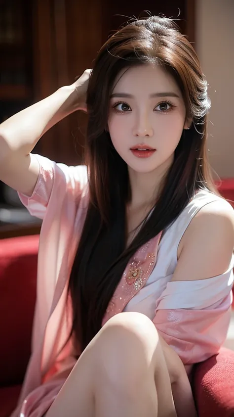 masterpiece，best picture quality，Mature，JK，Colored eyelashes，Long hair with a shawl，yandere，long pink hair，Realistic portrait，Light leakage effect，(Cheongsam1.4)，short skirt，(simple interior background 1.4)