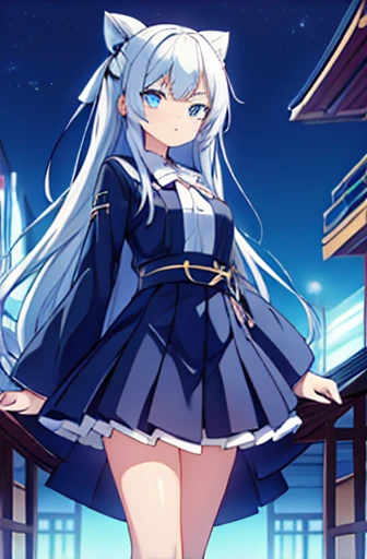 anime girl 16 years old with long white hair and blue eyes. in school japanese clothes with. bias skirt, one part of the skirt i...