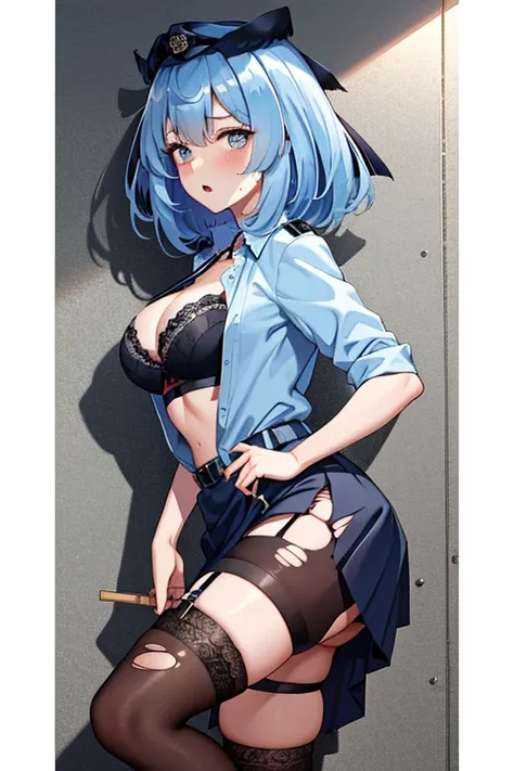 blue hair,big breasts,police officer arrested,open shirt,bra,Torn skirt,garter belt, black stockings,stick out one&#39;s butt,A painful look,blush,open your mouth wide,Drool,sweaty,Woman restrained while standing in handcuffs