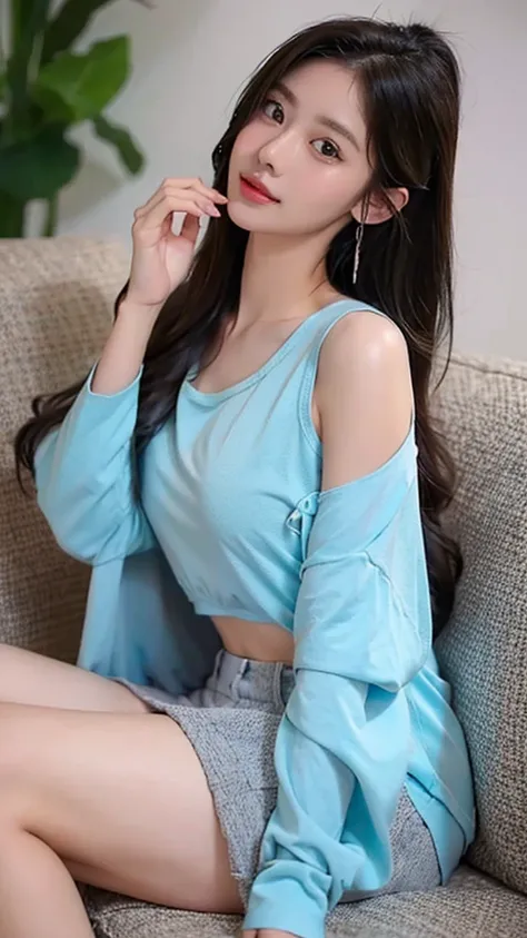 high quality,pretty girl,Sitting on the sofa exquisitely，Gauze blue top,