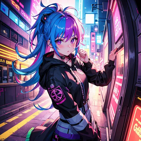 1 girl,Creative Hair,rainbow hair,street,Fisheye,Neon Cold Lighting, cyber punk, blush, cowboy shot,detailed facial details,dynamic pose, rim light,