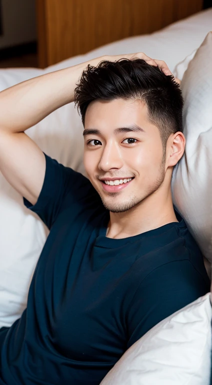 male, Around 25 years old, smile, sharp focus, Half body, summer, shirt, wonderful, Sleeping face,on the bed、No beard