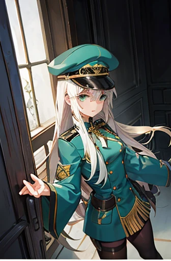  with very long white hair and bright green eyes. military uniform, cap. Transparent jars with liquid. full height.