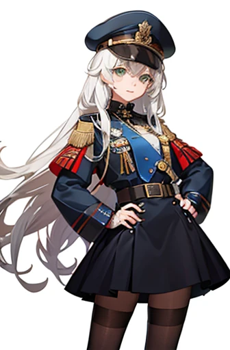  with very long white hair and bright green eyes. military uniform, cap. Transparent jars with liquid. full height.