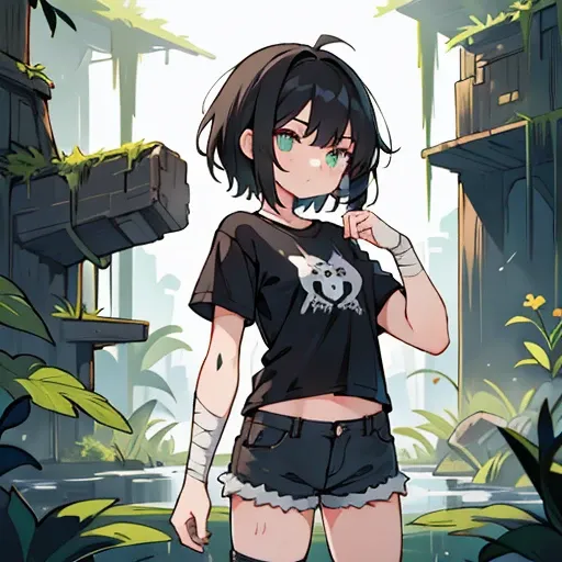 Girl 18 years old. short black hair. bandages on the hands. Black T-shirt. Short ripped dark green ripped shorts. Swamp Eyes. full height