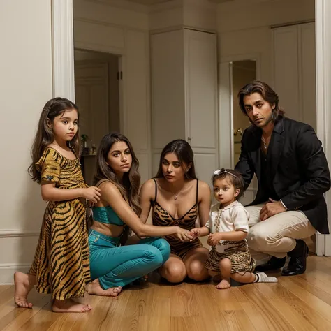 Create a family inside a salon, onde uma mulher tem cabelos e olhos castanhos escuros e pele clara, um homem loiro, three children according to the genetic combination of the man and the woman, and a Bengal tiger on the floor, based on 18th century Europea...