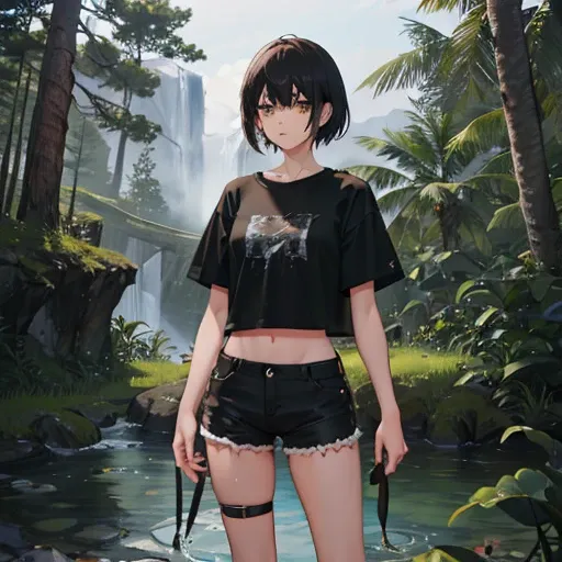 Girl 18 years old. short black hair. bandages on the hands. Black T-shirt. Short ripped dark green ripped shorts. Swamp Eyes. full height