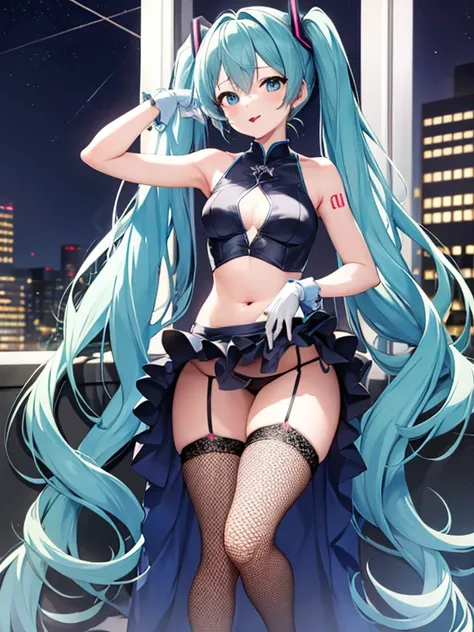 Hatsune Miku、blue hair、small breasts、slender、plump thighs、Foot emphasis、long skirt cheongsam、deep slit　、Fishnet tights、garter belt、Armpit、Navel exposed、Clothes with a wide open chest、high heels、smooth feet、gloves、tongue out、standing against a night view