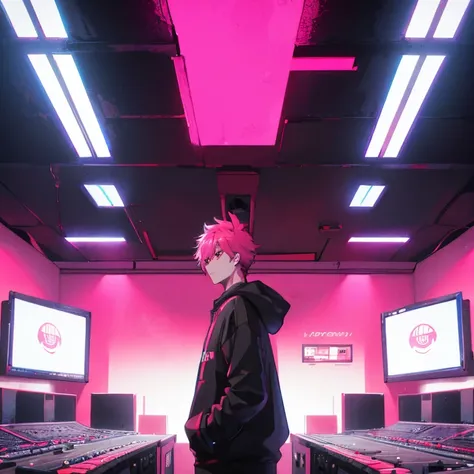 (shortcut), (two block hair), (bright pink hair), (red eyes), (Headphones、Man standing in front of a microphone in a recording studio), (oversized hoodie), (Street style), (neon), (neonデイライト), (cinematic), (stylish), (High resolution), (hyper-detailed), (N...